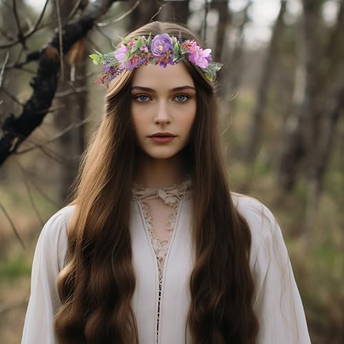 Vivivalue Fairy Floral Crown Woodland Headband Flower Headpiece Hair Wreath Forest Elven Circlet for Women Halloween Renaissance Wedding Bridal Cosplay Prom Photo Props Purple - color: 3