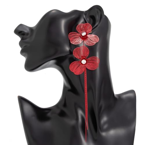 Boho Gold Flower Drop Dangle Earrings for Women Rhinestone Floral Leaf Chandelier Earring Layered Long Tassel Statement Floral Earring Prom Brides Wedding Party Fashion Jewelry Accessary - color: Red