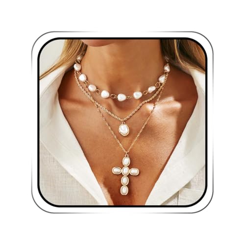 ACEDRE Pearl Cross Necklace Gold Layered Pearls Necklaces Jewelry for Women