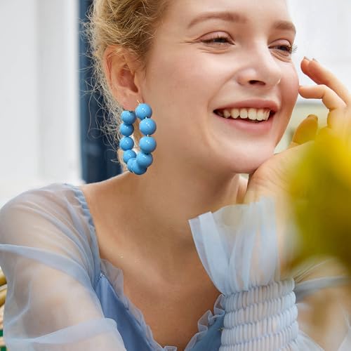 Summer Candy Colored Bead Earrings Lightweight Dainty Acrylic Geometry Hoop Earrings for Women Cute Boho Chic Handmade Jewelry - color: Sky Blue