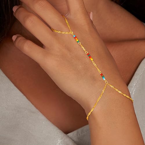 Hand Chain Bracelets for Women - 14K Real Gold Plated Dainty Stackable Paperclip Link Bracelets Hand Chain Bracelet Ring Gold Bracelets for Women Trendy - color: Colorful Singapore Hand Chain
