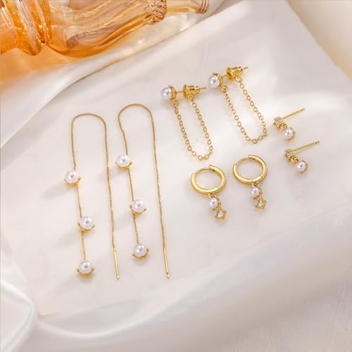 Pearl Earrings for Women, Gold Plated Huggie Hoop Drop Earrings | Hypoallergenic pearl hoop earrings designed for multiple piercings, cartilage styling and everyday wear - style: 4 pearl stud chain earring set-gd