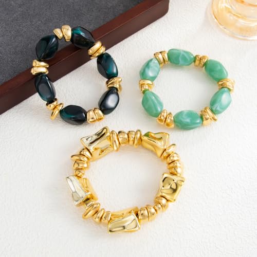 Gold Bracelet Stack For Women, 3Pcs Jade Vintage Chunky Stackable Stretch Boho Western Adjustable Bracelet Stacks Statement Dainty Tarnish Free Waterproof Jewelry Gift - color: Green