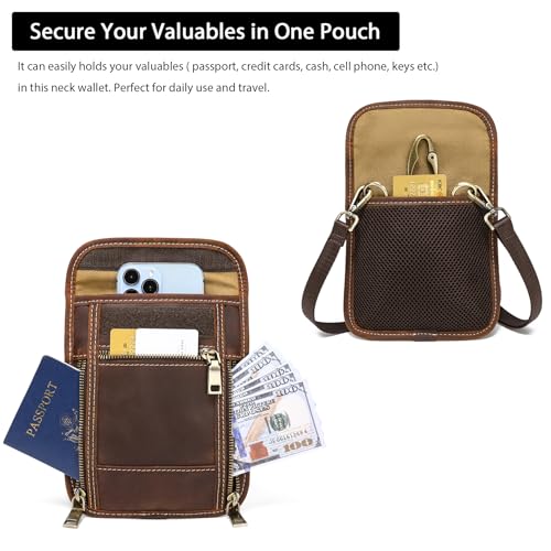 LANNSYNE Full Grain Leather Travel Wallet, Leather Cell Phone Belt Bag, Waist Pack Pouch, Neck Wallet Travel Pouch and Passport Holder for Men and Women Keep Valuables Safe - color: Brown