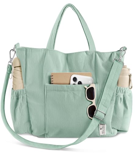 Miss Adola Crossbody Corduroy Tote Bag for Women, Large Tote Bag with Multi-Pockets and Zipper for Travel Work - color: Bean-green