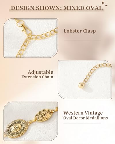 AWAYTR Chain Belt for Women – Adjustable Boho Metal Waist Chain Belt Gold Sliver for Dresses Jeans Country Concert Outfit - color: Gold-mixed Oval