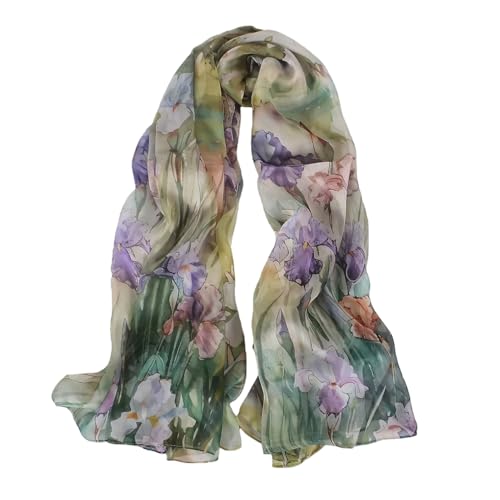 100% Mulberry Silk Women's Neck Silk Scarf-Lightweight Shawl,FLoral Print Beach Silk Wrap-Scarves for Photography - color: Purple Iris