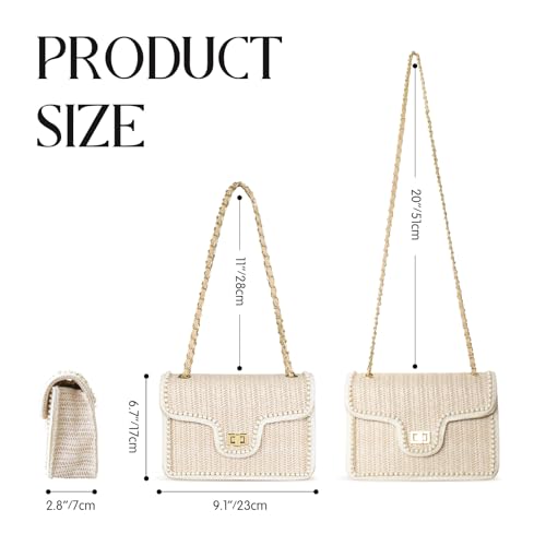 Straw Crossbody Bags for Women,Summer Beach Purse Vacation Shoulder Handbags with Pearl Trim - color: Beige