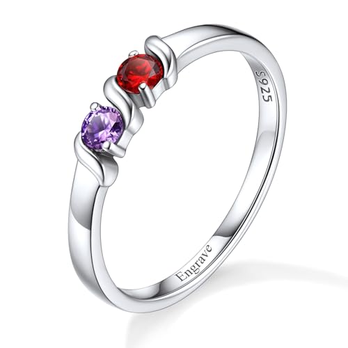 Custom4U Personalized Mothers Ring with 1-5 Birthstones Names Engraved 925 Sterling Silver/14K White Gold Plated Birthstone Rings for Women Promise Ring Birthday Jewelry Gifts for Mom Grandmother Wife - color: 2 Birthstones Ring (Custom)