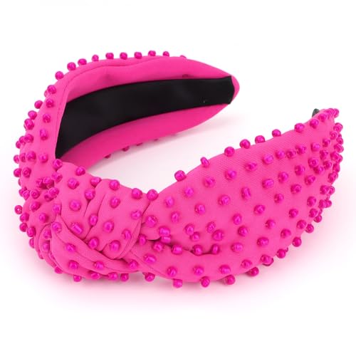 YISSION 1PC Pearl Knotted Headband for Women Non Slip Beaded Headband Wide Pearl Headbands Jeweled Embellished Hairband Hot Pink Head Band Hair Accessories for Women Girls