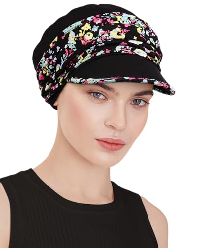 Chemo Headwear Viscose Newsboy Cap for Women Summer Hats - color: Black Floret