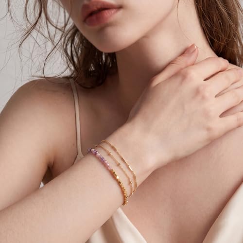 Fettero Beaded Bracelets for Women Charm Natural Stone Handmade Beads White Gold Plated Dainty Gold Bracelets Non Tarnish Boho Summer Beach Vacation Jewelry - color: Light purlbe