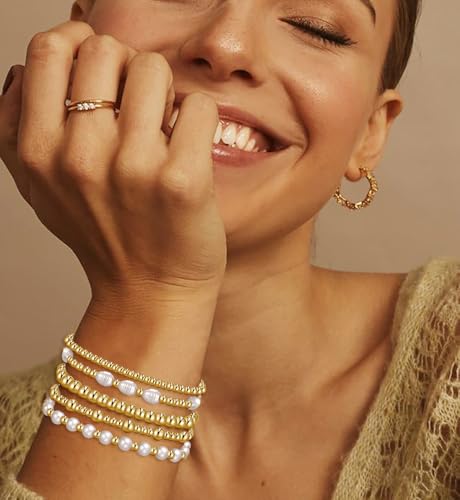 Gold Beaded Bracelets for Women, 14K Real Gold Plated Jewelry for Women Dainty Pearl Bead Bracelets Stack, Non Tarnish Trendy Stackable Ball Cross Stretch Bracelet Set Fashion Accessories Gifts - color: 5 PCS Gold pearl
