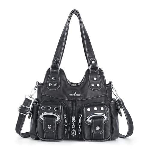 Angel Kiss Small Hobo Purses for Women, Washed Vegan Leather Multi-Pocket Purse, Shoulder Handbag with Adjustable Strap - color: Retro Black