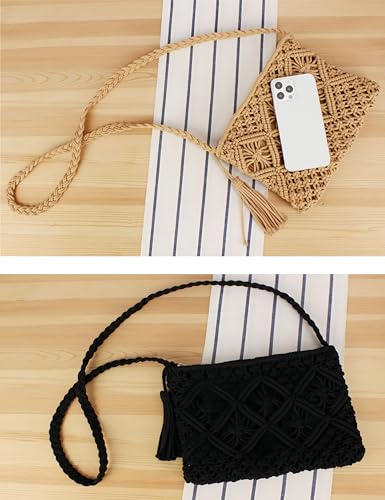 Cotton Crochet Crossbody Bag, Black Woven Purse, Boho Shoulder Bag, Summer Purse Lightweight Casual Handbag for Daily Use
