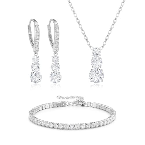 Crysdue Cubic Zirconia Jewelry Set for Women Bridesmaid, Classic Round Cut Drop Lightweight Lever Back Earrings Pendant Necklace Tennis Bracelet for Wedding Prom Party - style: 3pcs Silver