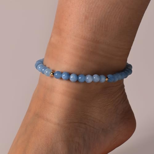 Softones 6mm Natural Stone Anklet for Women Gemstone Ankle Bracelets for Women Healing Energy Crystal Anklets Adjustable(8.5-10 Inches) - color: Blue Chalcedony