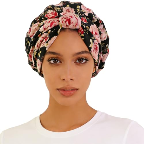 Women's Turban Head Wrap Cancer Chemo Beanies Cap Headwear Cap Bonnet Hair Loss Hat for Sleeping - color: Flower-black