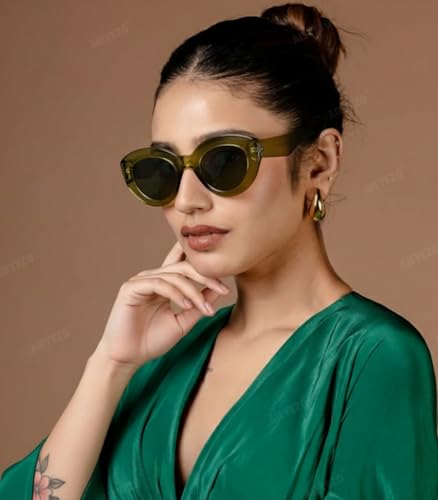AIEYEZO Oversized Cat Eye Sunglasses for Women Cute Oval Thick Frame Cateye Sun Glasses Chic Retro Style Shades - color: 2 Set (Black + Olive Green)