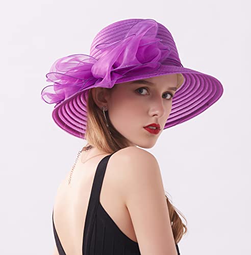 Women's Kentucky Derby Church Dress Hat Wide Brim Leaf Flower Bridal Shower Hat - color: 01 Purple
