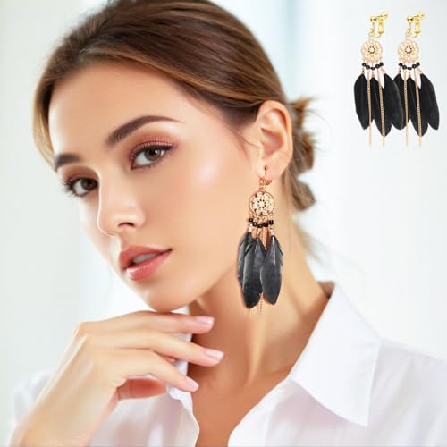 Clip on Tassel Dangle Earrings for Boho Women, Non Pierced, Colorful Feather Handmade Beads Fashion Vintage Fringe Jewelry for Parties Weddings Festivals Trendy Statement Earrings for Bohemian - color: Black A