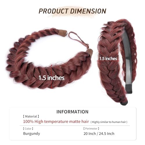 2PCs Braided Headband with teeth Handmade Messy Wide Synthetic Hair Elastic Stretch Fluffy Hairpiece for Brides (Burgundy) - color: Burgundy