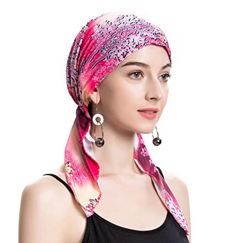 ZLYC Chemo Headwear Pre Tied Head Scarf Headwraps Lightweight Turban Beanie Cap for Women - color: Floral Pink