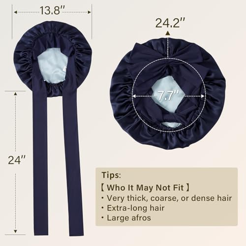 ZIMASILK 100% Mulberry Silk Bonnet for Sleeping Women Long Hair Double Layer Silk Hair Wrap with Tie Band Stay On Head (1Pc, Navy Blue) - color: Navy Blue