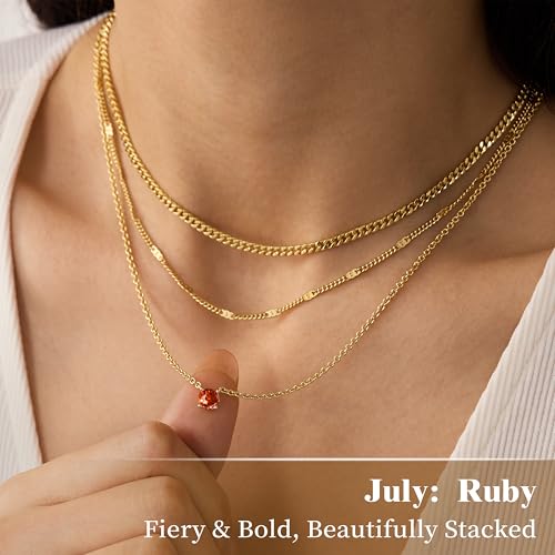 WomenGifts Layered Gold Necklaces for Women, 14K Gold Sterling Silver Plated Dainty Pendant Necklace Set Non Tarnish, Chunky Stackable Cuban Chain Choker, Trendy Birthstone Vacation Jewelry Gift - color: Gold, style: Cubic Zirconia-Created Ruby-July