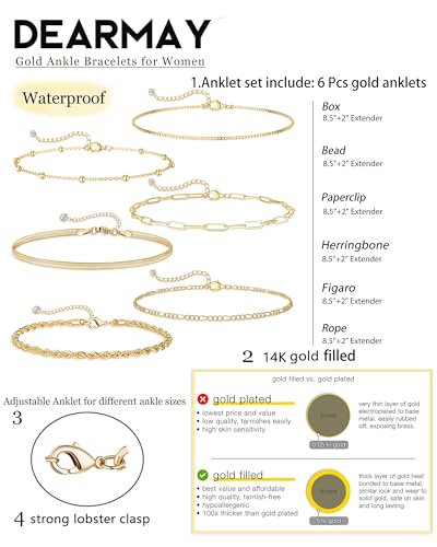 DEARMAY 14K Gold Plated Ankle Bracelets for Women Waterproof - Dainty 6Pcs Anklets Layered Cuban Link Chain Herringbone Cute Anklets Set Pack Summer Beach Jewelry Gift for Women Teen - color: Gold Anklet E