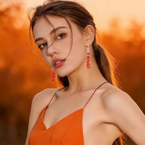 Handmade Bohemian Vintage Silver Nature Stone Beads Long Dangle Drop Earrings for Women - color: Orange Red