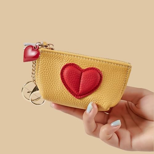 Red Heart Design Small Coin Purse - Cute Compact Keychain Change Purse Soft Leather Wallet with Zipper for Women (Yellow) - color: Yellow