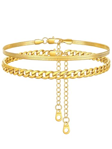 FindChic Black/Silver/Gold Plated Anklets Set of 2PCS/3PCS Herringbone Chain Cuban Link Heart Charm Sparkling Tennis Ankle Bracelets, Waterproof Summer Foot Jewelry for Beach - color: 03. Yellow-2PCS Cuban & Herringbone
