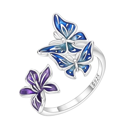 PARCOM Adjustable Women Stackable Ring, 925 Sterling Silver Open Rings - Trendy Eternity Cubic Zirconia Stackable Band Engagement Promise Ring for Her, Hypoallergenic Non Tarnish Nature Bird Floral Thumb Rings - color: Moonlit Butterfly Iris