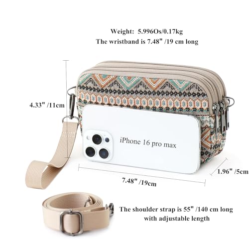 Small Wristlet Wallet for Women, 3-Zip Crossbody Phone Purse - color: Geometry/Jacquard