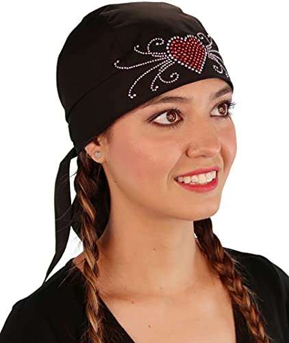 Sparkling EARTH - American Made Skull Caps Doo Rags Do Rag Durag Headwrap Head Wraps Skullies - Made in The USA! - color: Black Skull Cap With Red Heart and Swirls Rhinestud