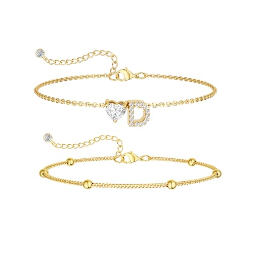 CAROVO Gold Ankle Bracelets for Women Waterproof 14K Real Gold Plated CZ Initial Anklet for Women Dainty Layered Letter A-Z Heart Ankle Bracelets Handmade Adjustable Anklet Summer Beach Jewelry - style: D