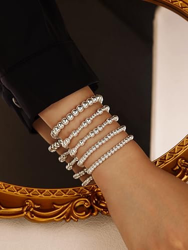 XIANNVXI 5PC Platinum Plated Silver Beaded Bracelet for Women Stretch Elastic Stackable Bead Ball Bracelet Trendy Set Women Dainty Jewelry - color: Silver C