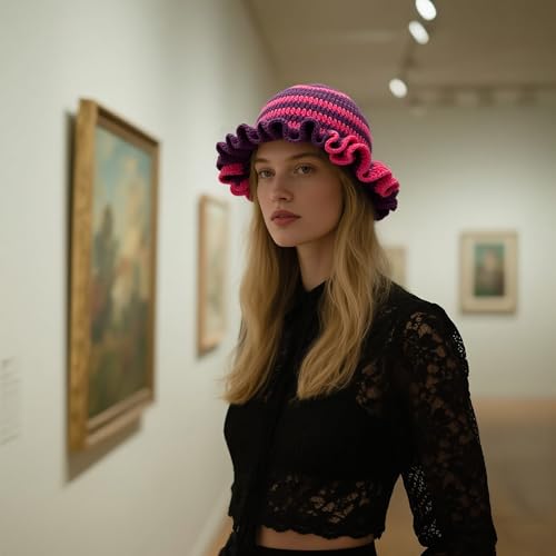 Handmade Crochet Bucket Hat for Women Boho Chic Slouchy Design Colorblock Ruffled Brim Festival&Daily Crochet Hat - color: Purple Rose Red Stripe