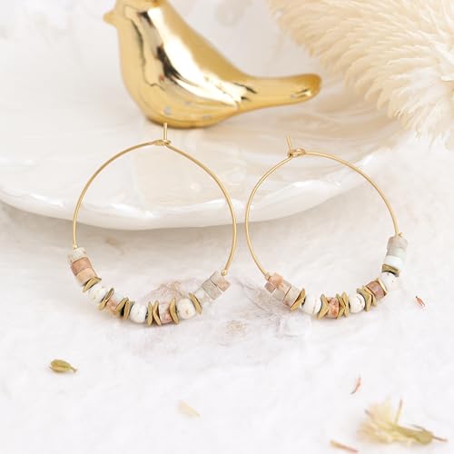 Natural Stone Beaded Hoop Earrings for Women, Boho Handmade Lightweight Hypoallergenic Trendy Summer Beach Accessories Fashion Jewelry Gift - color: beige