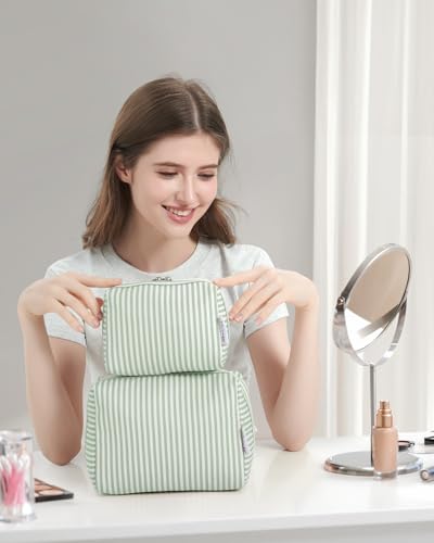 Narwey Small Striped Makeup Bag for Purse Mini Cosmetic Bag Travel Makeup Pouch Zipper Pouch Cute Make up Bags with Compartments for Women Girls (Mint Green Stripe, Small) - color: A-Mint Green Stripe, style: Small