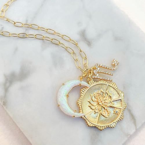 Dainty Gold Zodiac Embossed Coin Opal Crescent Moon Charm Necklace for Women Trendy 18K Gold Plated Retro Paperclip Chain 12 Constellation Horoscope Necklaces Astrology Jewelry Gifts - style: 8.SCORPIO (OCT 23-NOV 21)