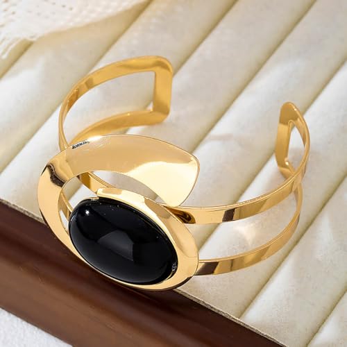 Boho Open Bracelet Ring Set for Women Black and Gold Jewelry Set Oval Cuff Bracelet Adjustable Ring Vintage Jewelry - style: Black
