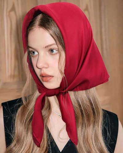 AWAYTR 27.5” Square Satin Head Scarf Hair Scarf for Women's Hair Silk Bandana for Women Silk Head Wrap for Sleeping - color: Burgundy