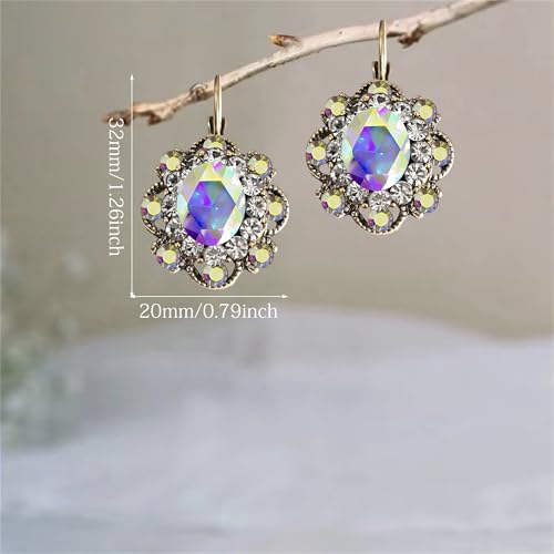 Handmade Bohemian Vintage Gold Sparkly Crystal Round Flower Leverback Earrings Cute Rhinestone Geometry Dangle Drop Earring for Women - color: Colorful White