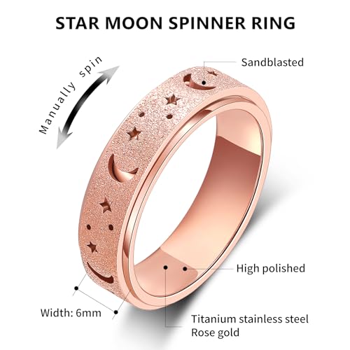 Anxiety Ring for Women Spinner Rings:Rotating Rings Stainless Steel 6mm Moon Star Anxiety for Men Band Jewelry Gift for Women Size 6 7 8 9 10 - color: B-Rose Gold