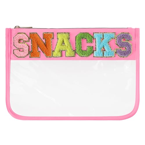 DYSHAYEN Chenille Letter Clear Zipper Pouch for Travel,Nylon Clear Cosmetic Bag,Makeup Travel Bag for Women Girls 11.8 Inches x 8.2 Inches - color: Pink-Snacks
