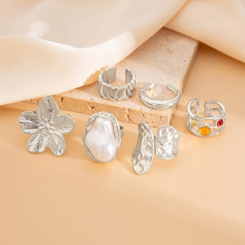 6Pcs Gold Flower Crystal Chunky Knuckle Rings Stacked for Women, Statement Stack Zirconia Hammered Geometry Irregular Baroque Pearl Open Ring Jewelry Gift - color: Silver