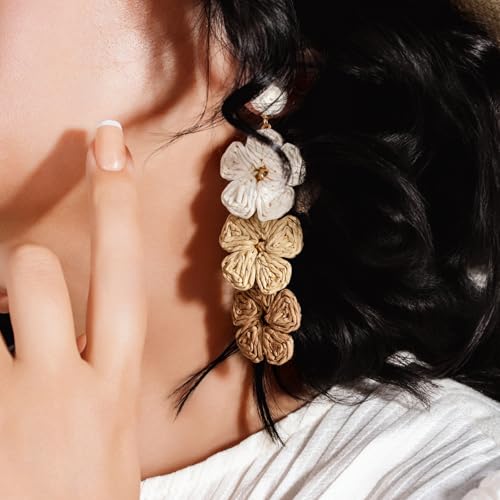 Boho Flower Earrings Statement Raffia Dangle Earrings Cute Floral Jewelry Trendy Summer Beach Vacation Outfits for Women - color: Ivory/Wheat