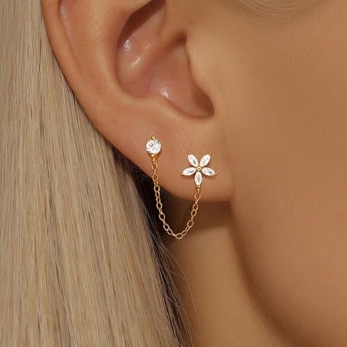 Freekiss Gold Chain Studs Earrings for Women Trendy: Hypoallergenic 14K Gold Plated Dangle Earrings Dainty Small Long Chain Earring Set Fashion Gold Jewelry for Women - style: Flower chain earrings-GD